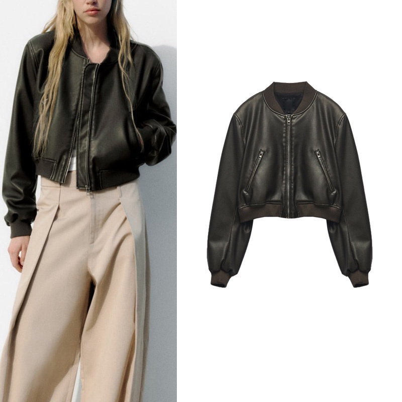 ZA Spring New Style Stand Collar Loose Short Version PU Leather Bomber ...