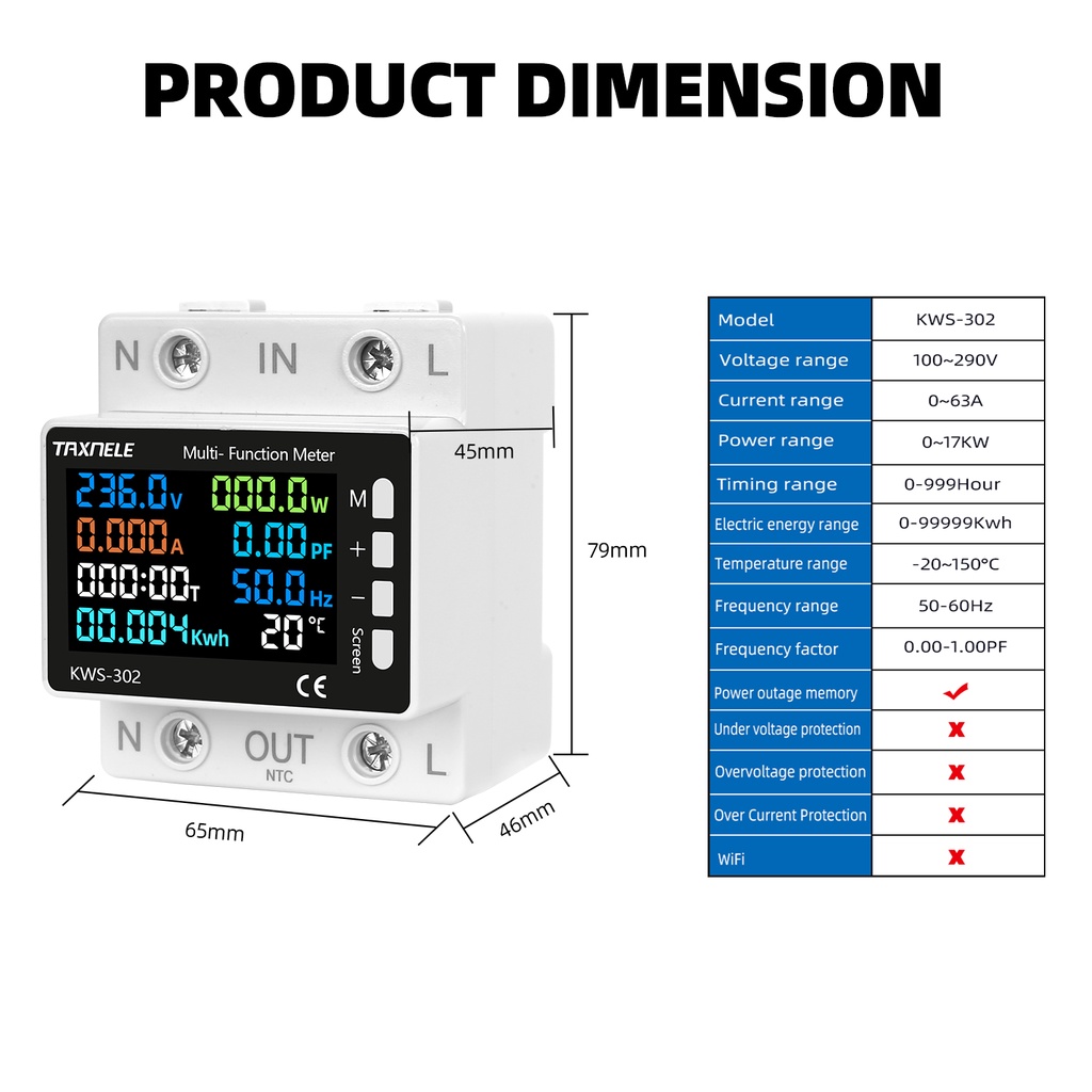AC 100-290V 8in1 Parameter Colourful DIsplay Power Meter Energy Meter ...