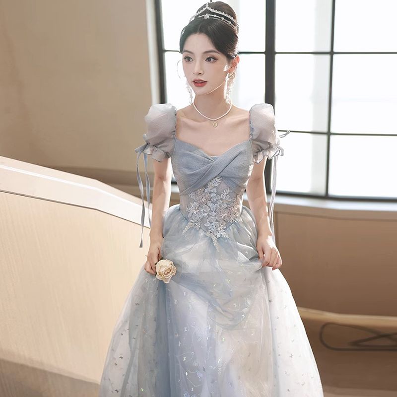 Hawlife Korean Blue Retro Elegant Puff Sleeve Prom Cocktail Dinner ...