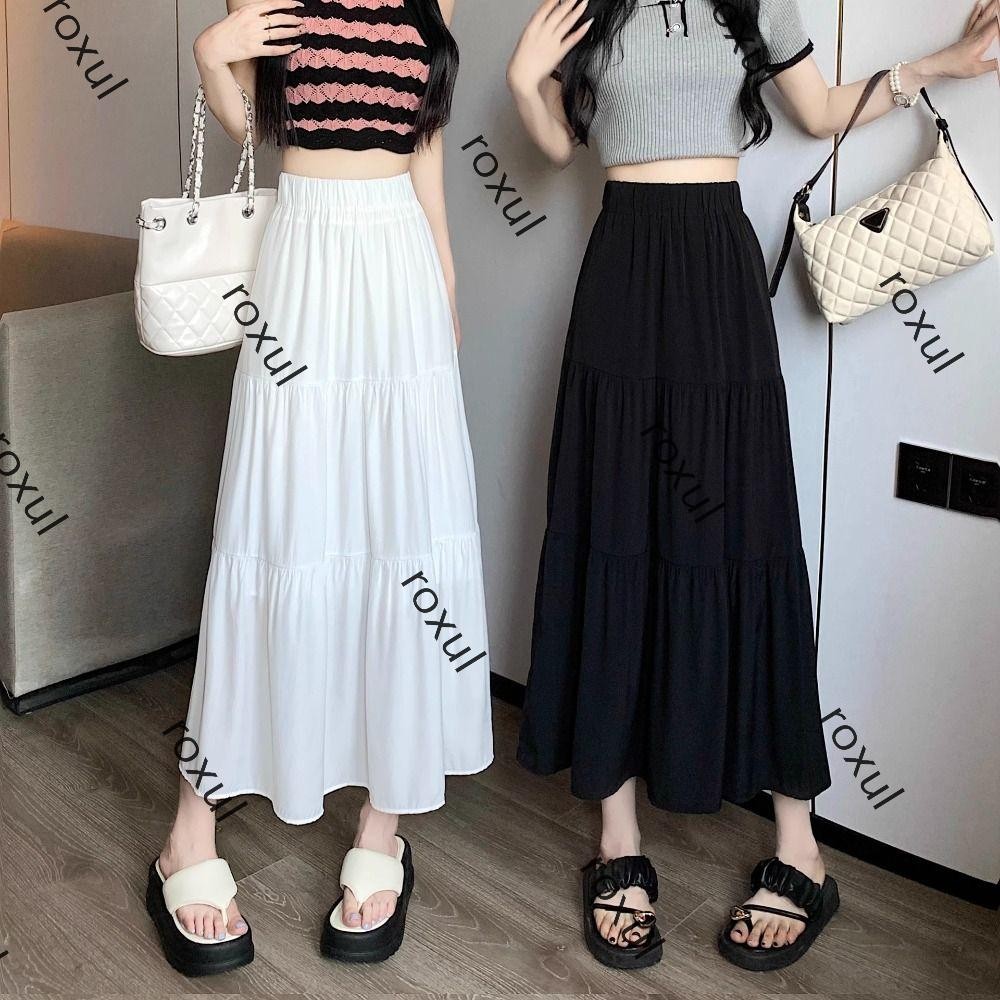 ROXUL Long Skirt, A-Line Pleated Maxi Skirt, Classic Tiered Elastic ...