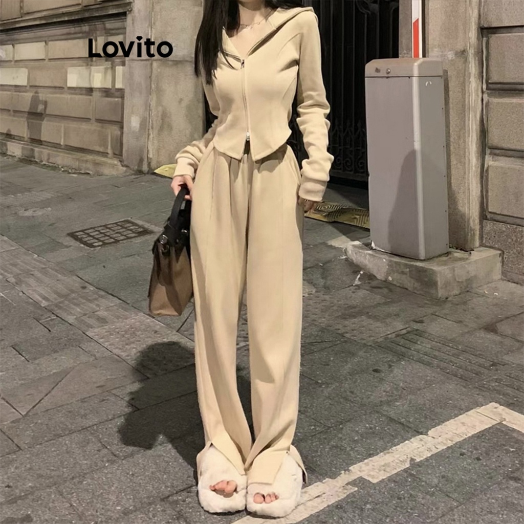 Lovito Women Pocket Zipper Split Front Front Zip Pants Set LNA29162
