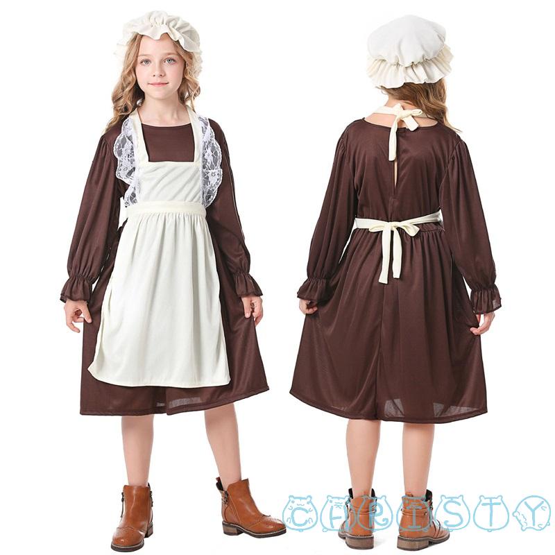 CHT-Victorian Maid Costume for Girls Medieval Dress with Mop Cap Set ...