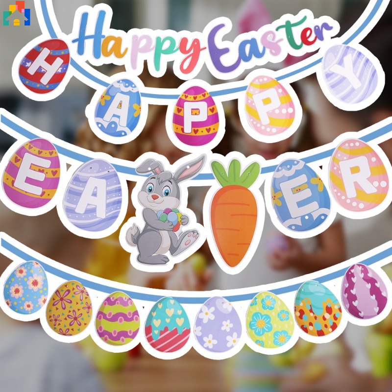 Happy Easter Cartoon Bunny Rabbit Hanging Banner Easter Garland Pull ...