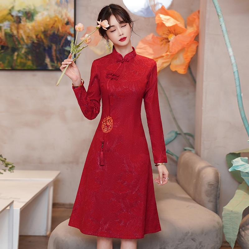 Stage Performance Clothing Vintage New Style Stand Collar Long Sleeve Red  Cheongsam Chinese Traditional Qipao Dress Women CNY