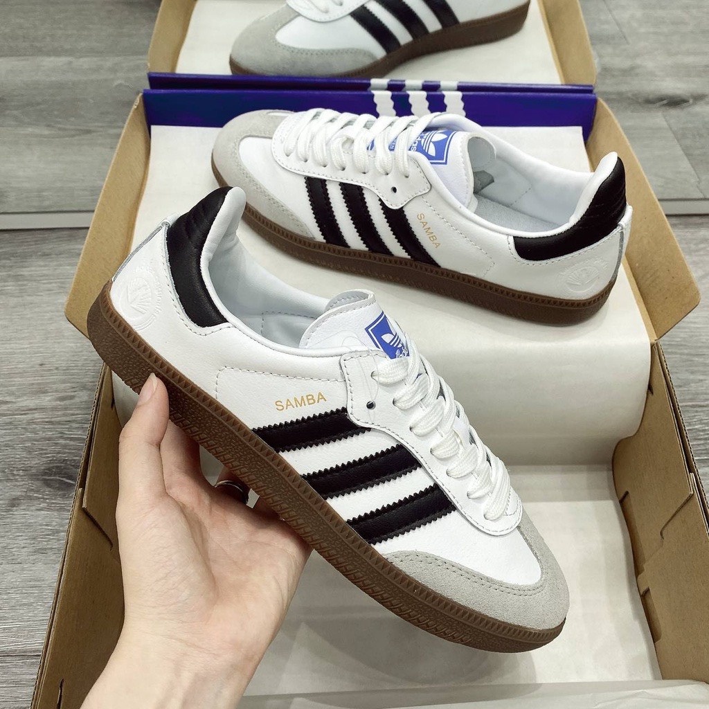 Adidas Samba Unisex Sneakers In White With Brown Sole Hot Trend Fullbox ...