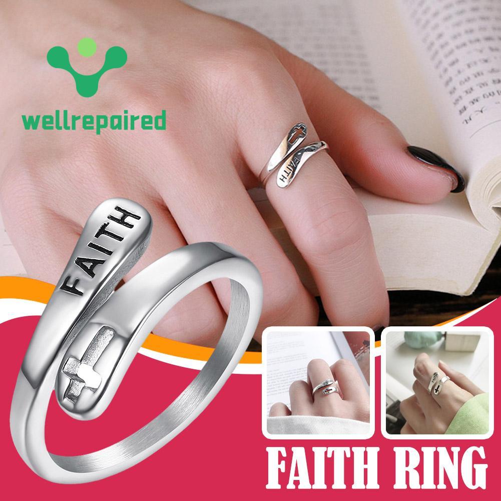 Faith Cross Silver Color Ring Women’S Stainless Steel Open Resizable ...