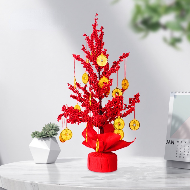CNY New Year Decorations Red Berries Tree, 50cm Small Table Top ...