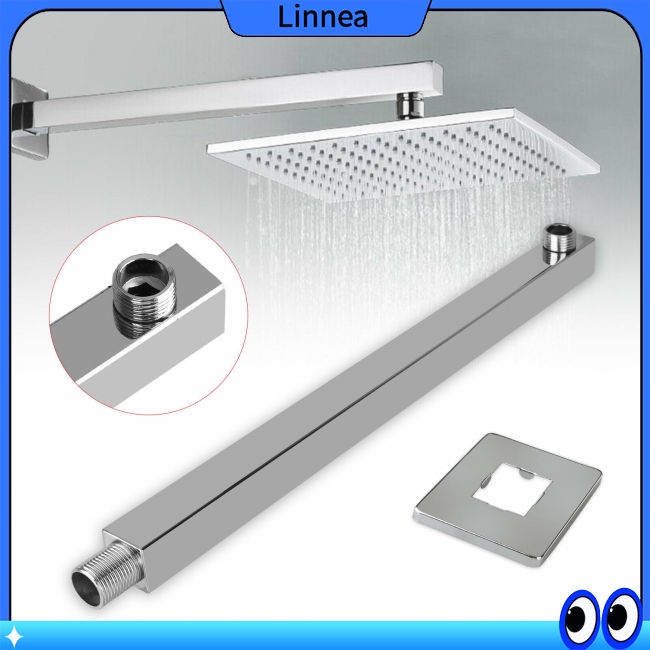 Matte Black Shower Arm With Flange 16 Inch Wall Mounted Extension Arm For Bathroom Rainfall Shower Head Stainless Steel Square Shaped
