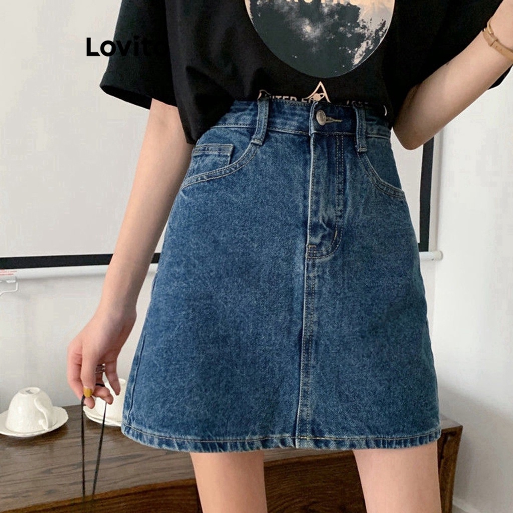 Lovito Women A Line Denim Skirts LNE24228 (Blue) | Shopee Philippines