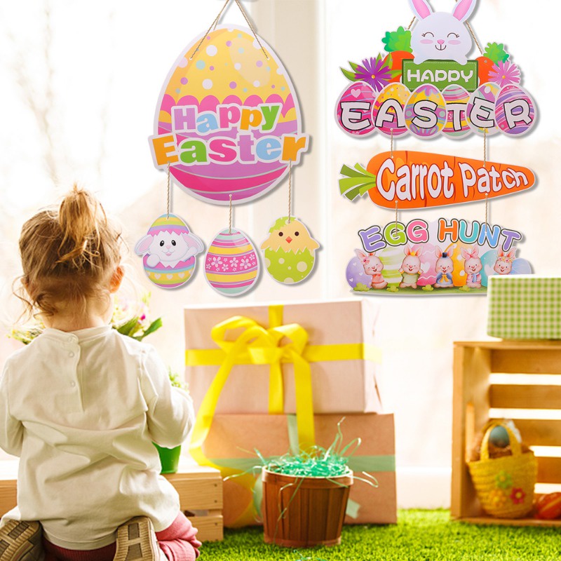 Colorful Easter Eggs Shape Paper Banner Exquisite Cartoon Rabbit Carrot ...