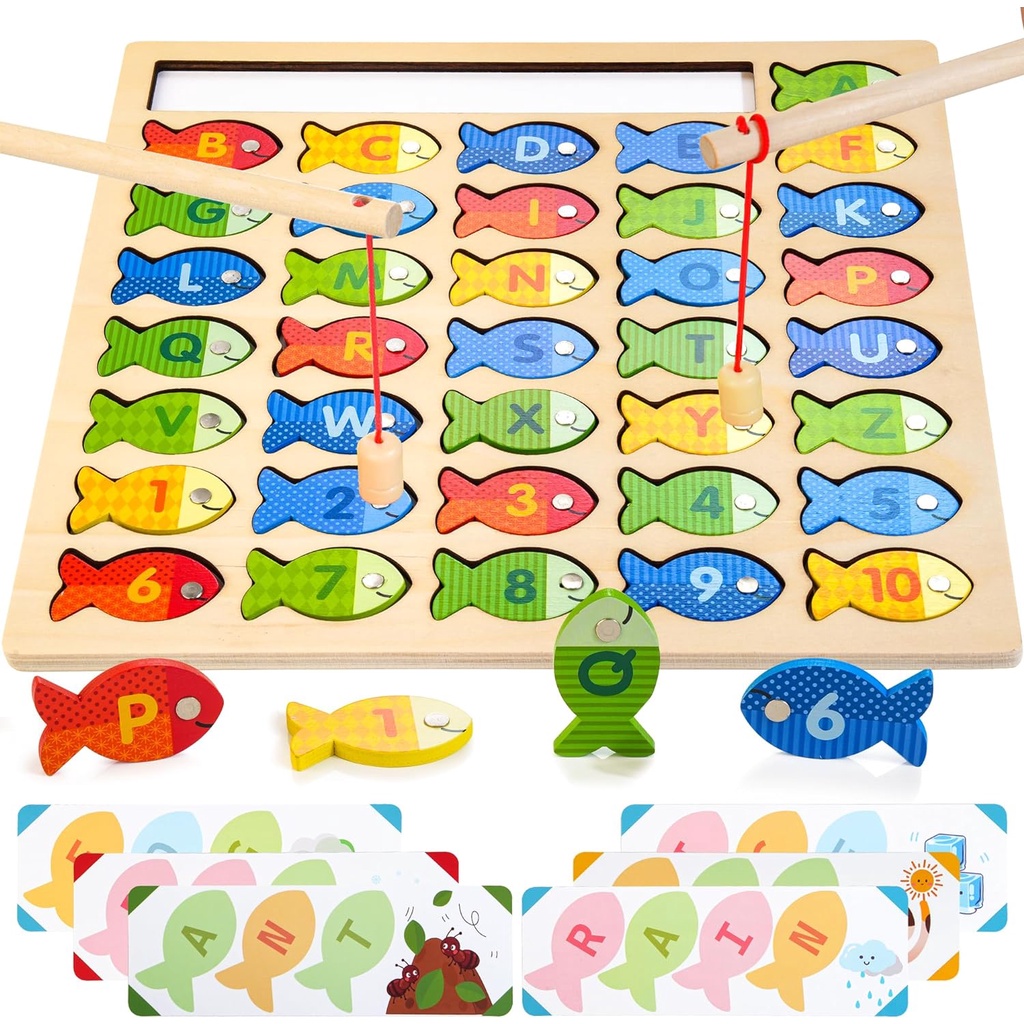Wooden Magnetic Fishing Game, Montessori Preschool Letter Puzzle ABC  Learning Educational Toy with Word Card, Letters and Numbers Fishing 3 4 5  Years Old Children Gift