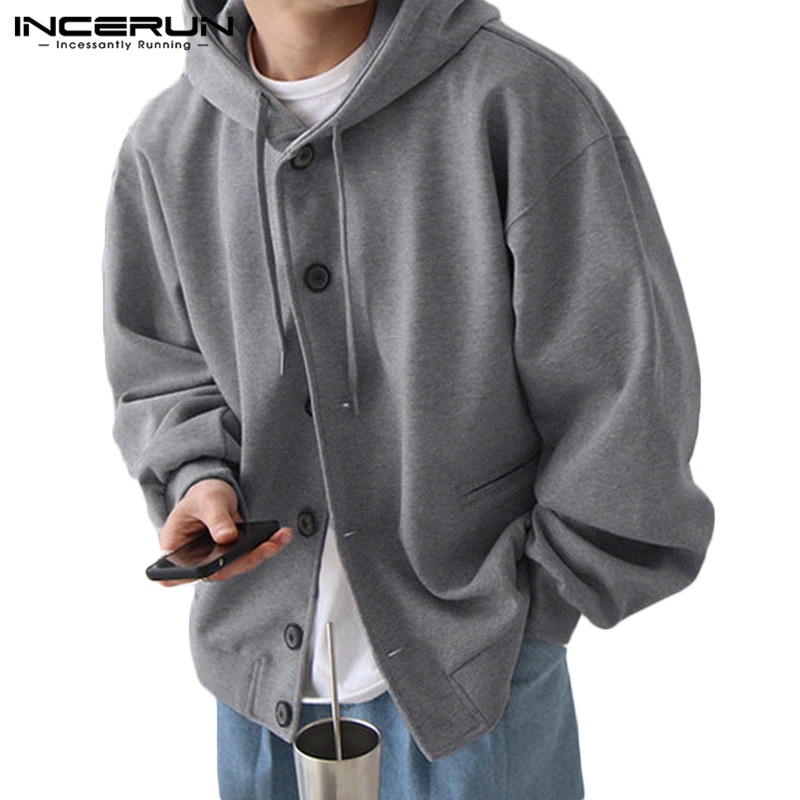 INCERUN Men Korean Solid Color Loose Button Down Hooded Sweatshirts ...