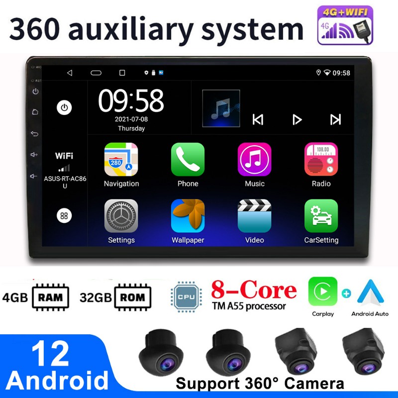 4G LTE+5G WIFI +8 Core+360 system】 9/10 inch Android Player Car Radio  Monitor Head Unit Support Wireless CarPlay Android Auto 360 Camera/GPS  Navigation/Bluetooth/FM//Waze