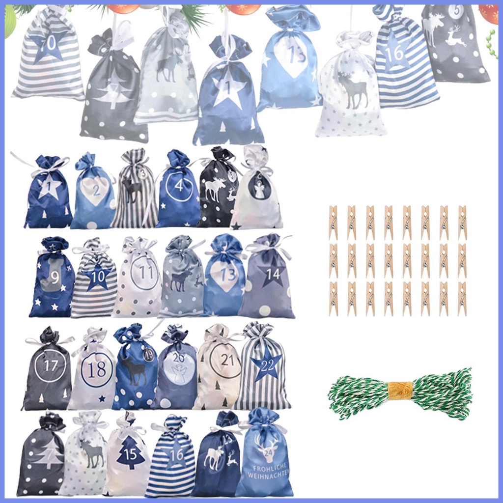 Advent Calendar Bags Fabric Gift Bags with Drawstring Christmas 