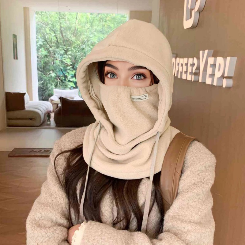 Thicken Fleece one-piece Hat Women Men Fluffy Cap Scarf Mask Set Hood  Winter Warm Outdoor Ski Windproof Plush Beanies Bonnet