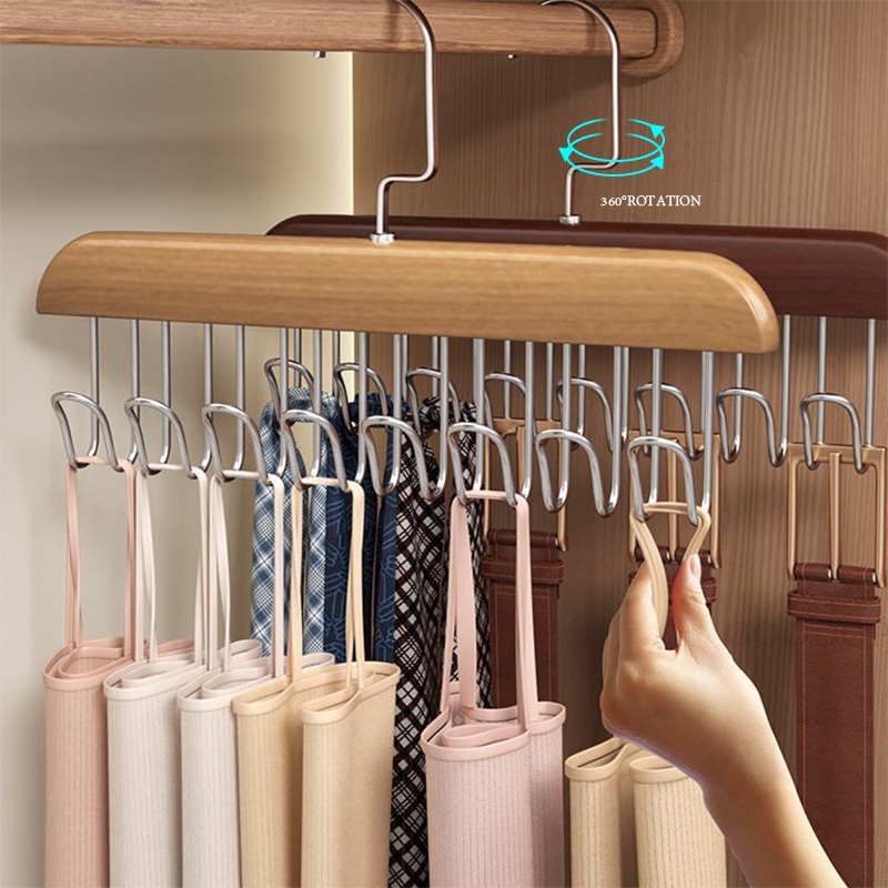 8 Hooks Solid Wood Hanger Bra Hanger Belts Rack Tie Cap Non-Slip Holder ...