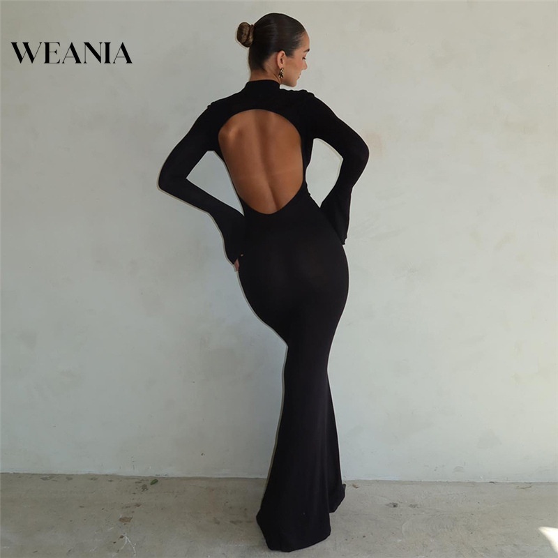WEANIA Women's Sexy Round Neck Long Sleeve Backless Maxi Dress | Shopee  Philippines