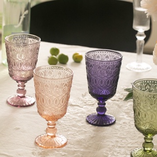 Red Wine Glass Set of 2 350 ml Orange Pink Goblet Retro Embossed