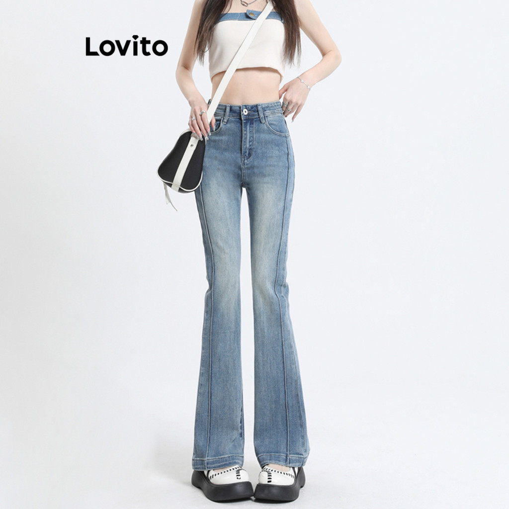 Lovito Women Casual Plain Washed Pocket Jeans LNA35110 (Blue) | Shopee ...