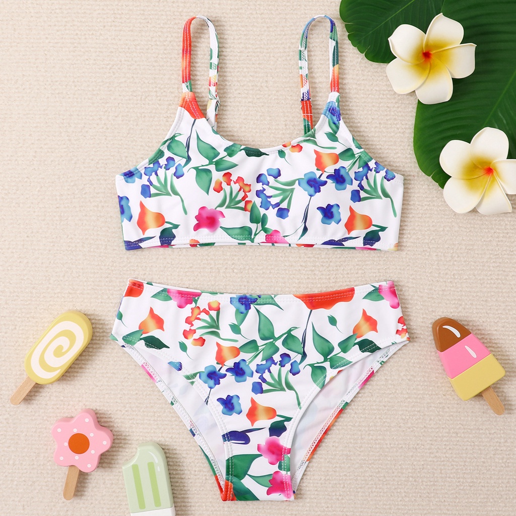 Girls Two Pieces Floral Print High Waist Bikini Sets Kids Vintage 