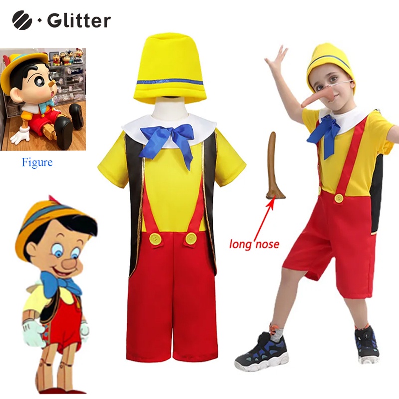 🇵🇭 Halloween Pinocchio Costume for Kids Boy Disney Funny Pinocchio  Cosplay Top Pants Vest Hat Carnival Birthday Party Long Nose Pinocho Clothes