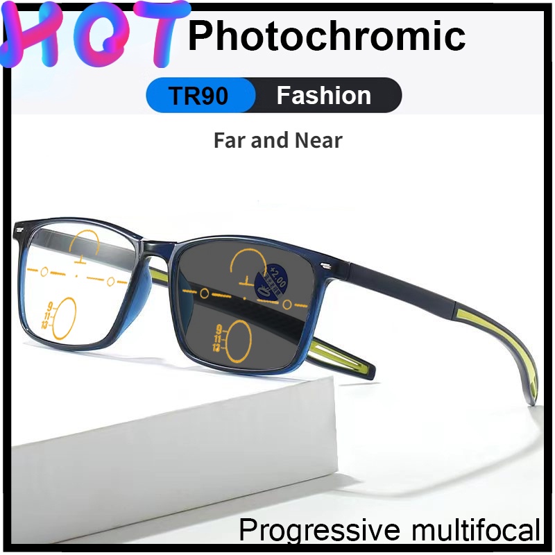 thumbnail interactive-video image 1 of Unisex Progressive Photochromic Reading Glasses – Anti-Blue Light, UV400, Adjustable Square Frame 1 of 5