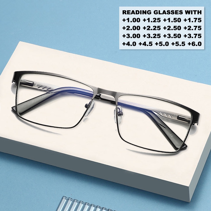 +125,+175,+225,+275 Men's Square Metal Large Frame Reading Glasses