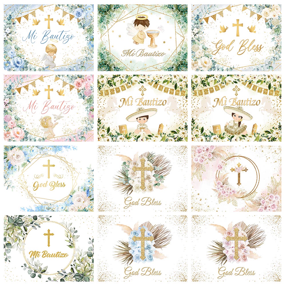 Baptism Banner Green Leaves Cross God Bless Baptism Background Boy Girl  First Holy Communion Party Decor Communion Christening Banner Newborn Baby  Shower Party Deco Baptism Decor, image size:1000x1000