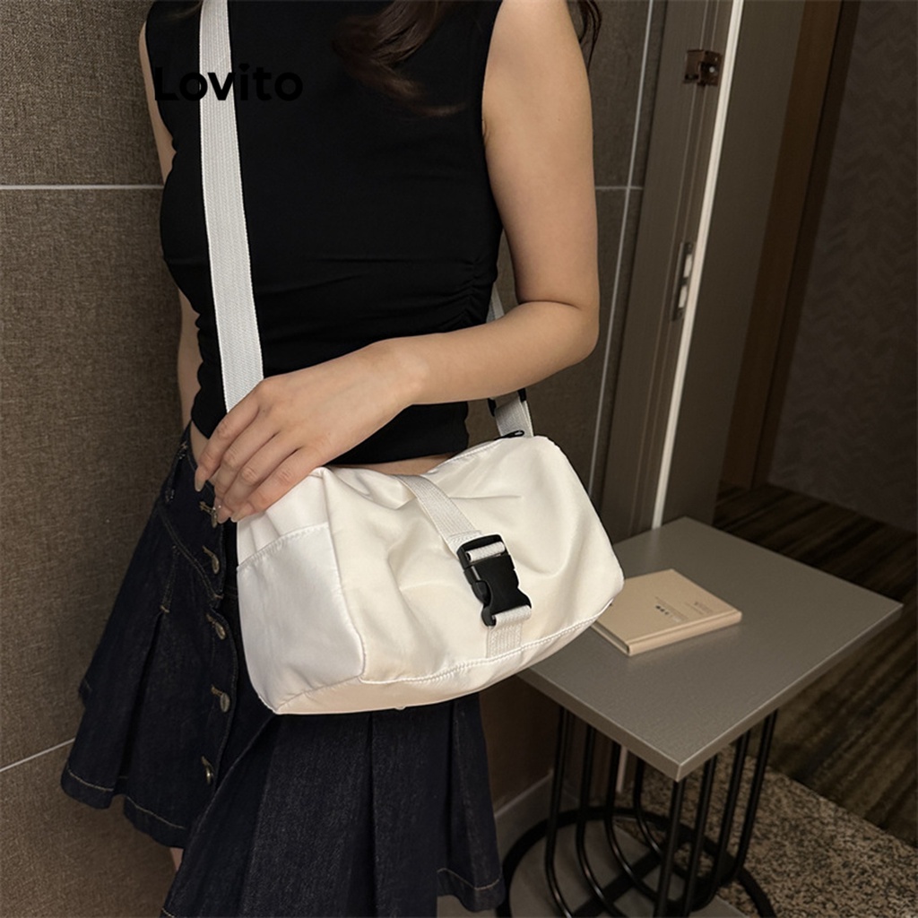 Lovito Women Basic Shoulder Tote Bag LNA28349 (White/Black) | Shopee ...