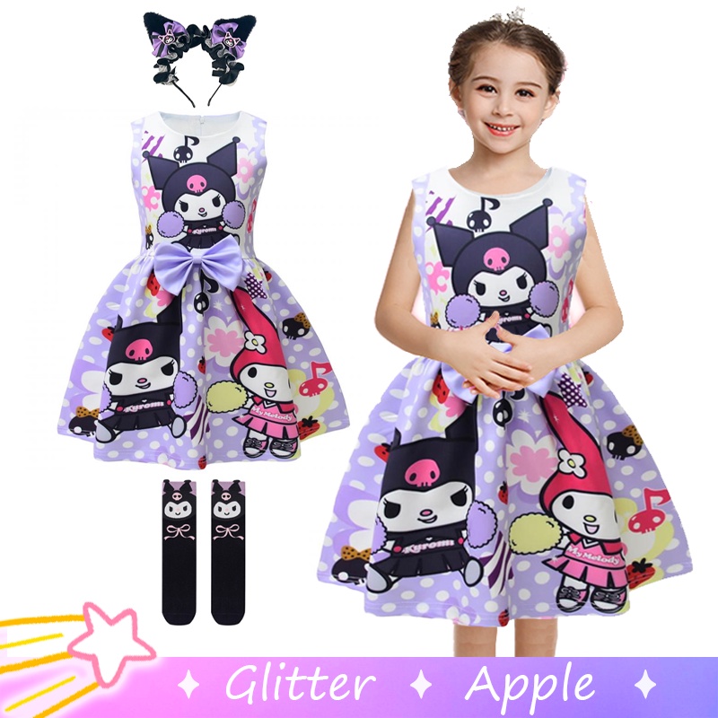Kuromi Sanrio Black Purple Dress For Kids Girl Mesh Gown For Kids Halloween Outfits Christmas ...