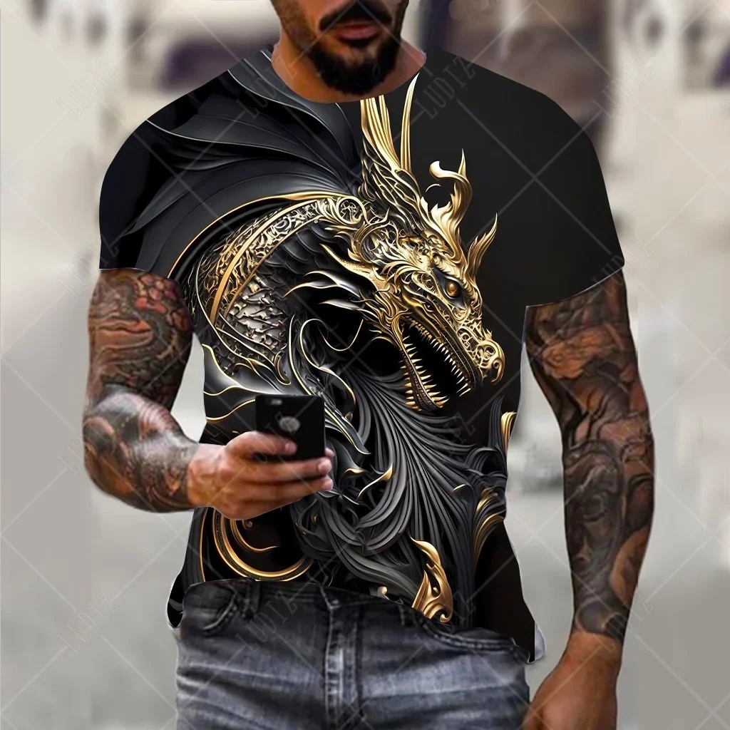 Fashion men's summer T-shirt with animal pattern Dragon 3D printed round  neck T-shirt, unisex Harajuku street casual sports short sleeved T-shirt top