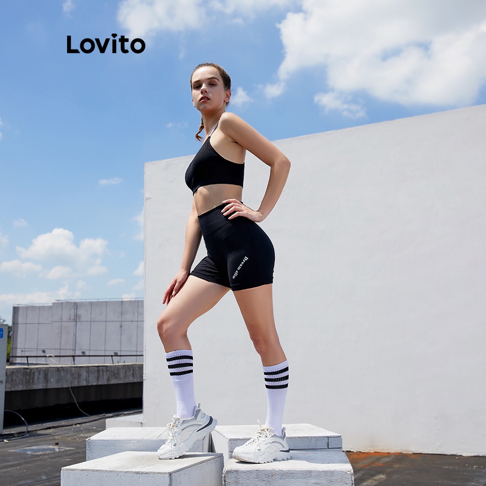 Lovito Sporty Slim Fit High Waist Seamless Cycling Biker Gym Outfit Yoga For Women Short L03067 Black Pink
