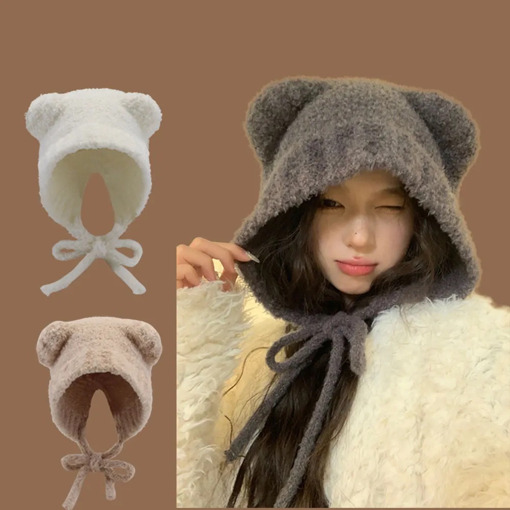 lovely Girl Knit Earflap Hat Bear Hood Beanies Women Warm Headgear ...