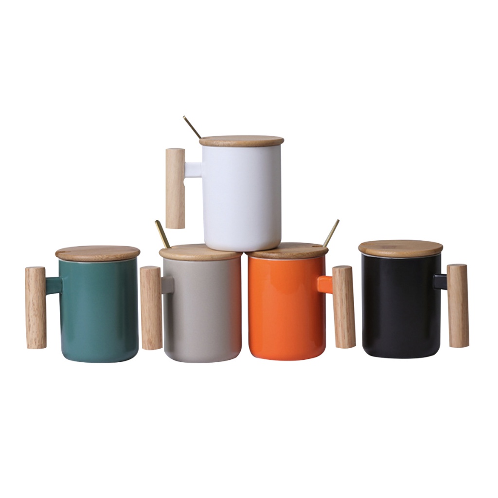 Annil Nordic Style Minimalist Ceramic Mug With Wooden Handle Cover And Stirrer T Shaped 3077