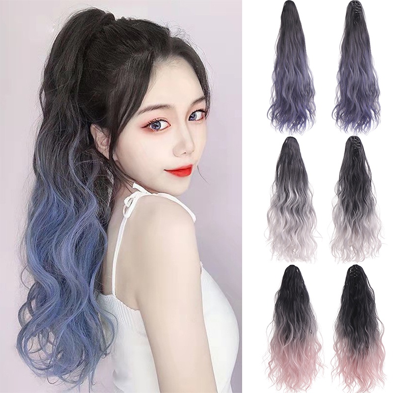 YOUJ Long Curly Gradient Color Ponytail Wig Women Hair Wig Claw Clip ...