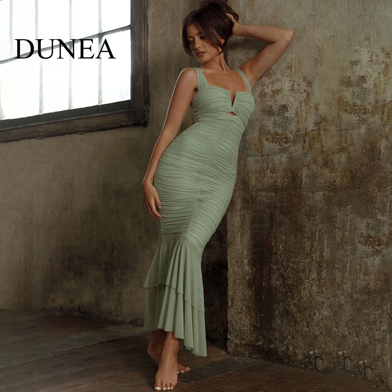 Drilling Lace up Cutout Pleated Fishtail Dress