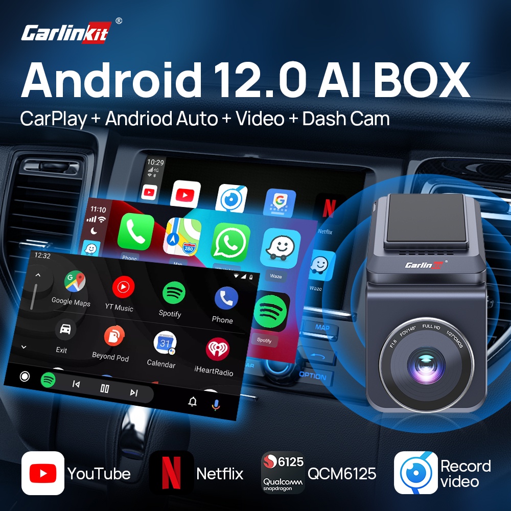 CarlinKit CarPlay AI Box QCM6125 Android 12 Dash Cam Wireless CarPlay ...