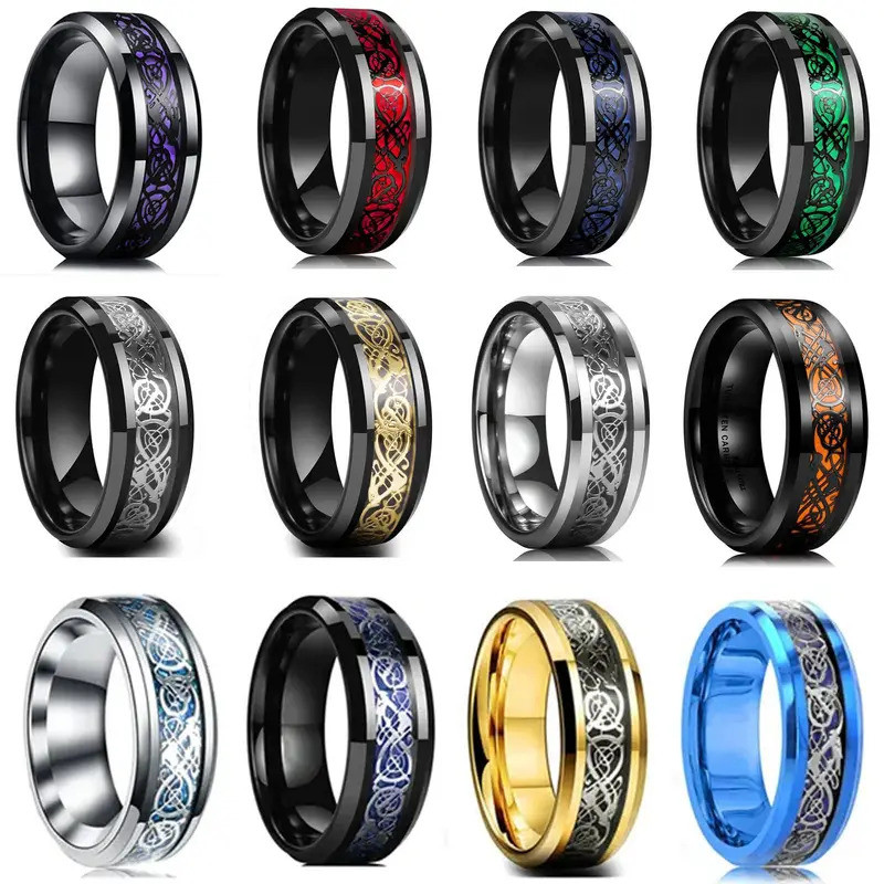 20 Colors Men Jewelry Red Blue Black Dragon Inlay Comfort Fit Stainless ...