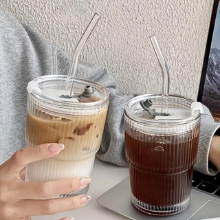 1pc Iced Coffee Glass Tumbler Mug, Coffee Cup with with Lid, Glass