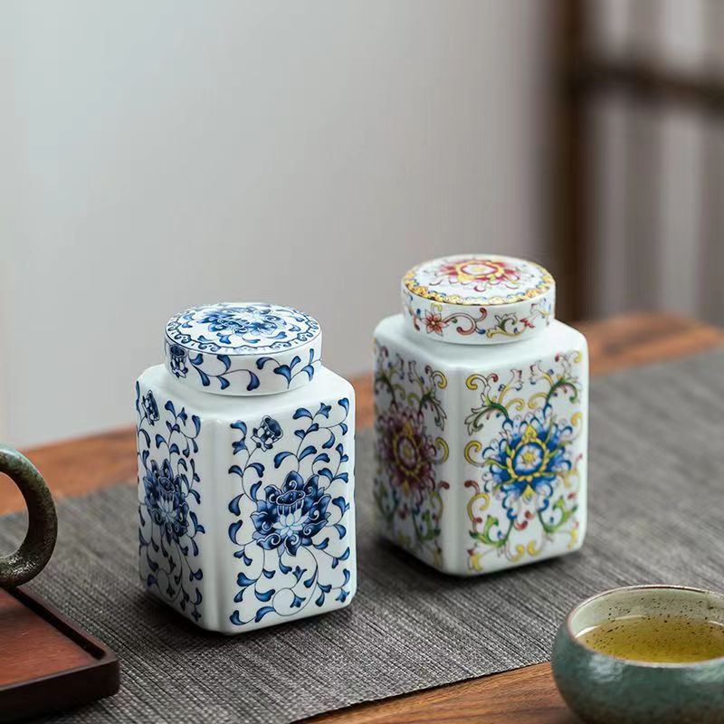 Ceramic Tea Caddy Blue White Porcelain Small Caddy Tea Mini Sealed ...