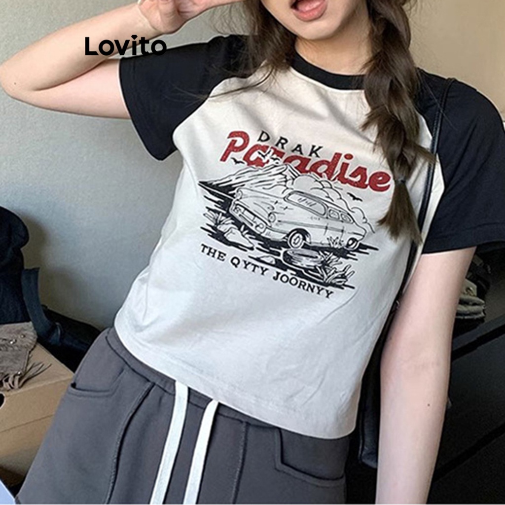 Lovito Women Colorblock Vintage Print TShirt LNE20103 (Black and White