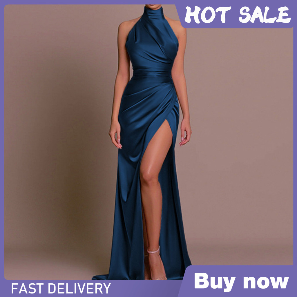Elegant Turquoise Fitted High-Neck Halter Neck Satin Long Prom Dress Evening Dress cc5285 main image 1