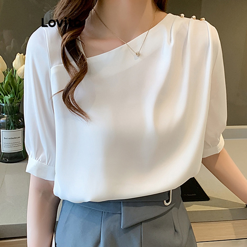 Lovito Women Button Asymmetrical Blouse LNA29143 (White/Pink) | Shopee ...