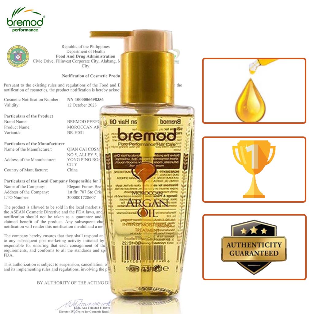 Bremod Hair Serum 100ml Moroccan Argan oil Intense Moisturizing Treatment for Dry Frizzy BRH031