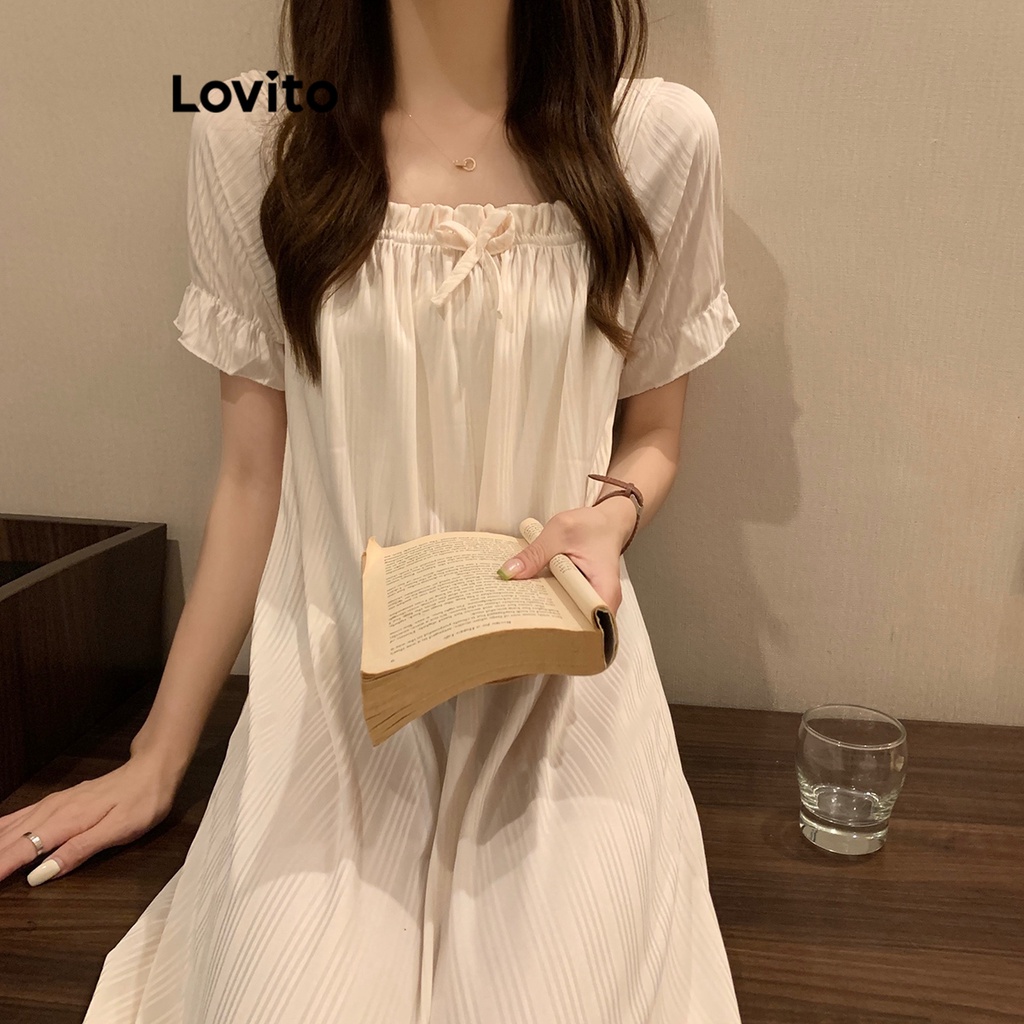 Lovito Women Casual Ditsy Floral Bow Ruffle Sleep Dress LNE29426 (Pale