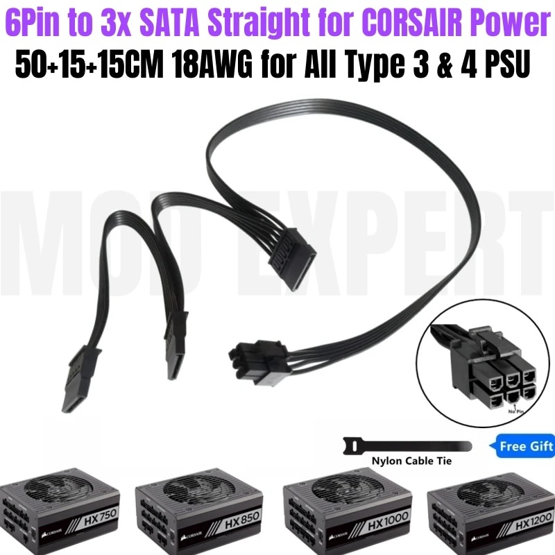 6Pin to 3 SATA Straight SSD HDD Riser Card Power Cable for CORSAIR