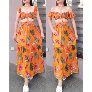 Summer Beach Dress Set Women Slim Corset Cropped Top Long Skirts Classy  2Pcs Set