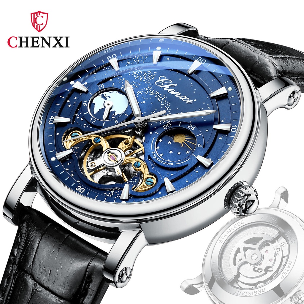 CHENXI Star Moon Phase Skeleton Flywheel Mechanical Watch Men's Watch ...