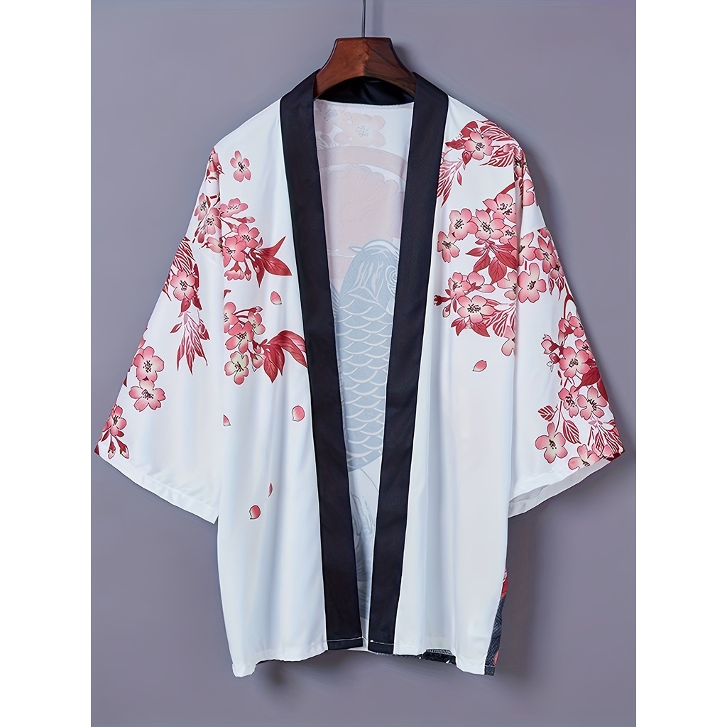 Koi Carp & Cherry Blossom Print Kimono, Open Cover Up Kimono For Spring ...