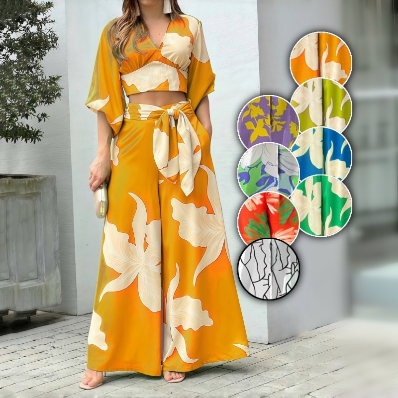 Women Set Clothes Floral Casual Outfit Summer V Neck Short Puff Sleeve  Blouse and Wide Leg High-waist Trousers Terno for Women